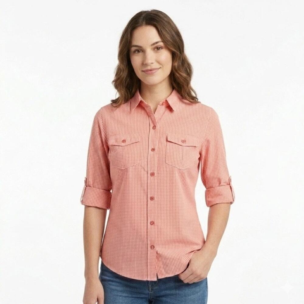 Laura Scott Women's Button Up Shirt S Gingham Check Pink Roll Tab Long Sleeve